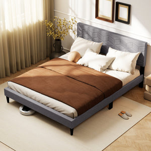 Twin/Full/Queen Size Bed Frame Modern Platform Bed with Linen Fabric Upholstered Headboard-Queen
