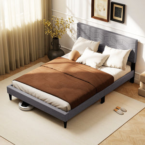 Twin/Full/Queen Size Bed Frame Modern Platform Bed with Linen Fabric Upholstered Headboard-Full