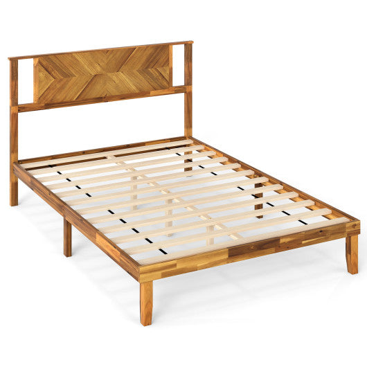 Twin/Full/Queen Size Bed Frame Mid-Century Acacia Wood Platform Bed with Headboard-Full Size