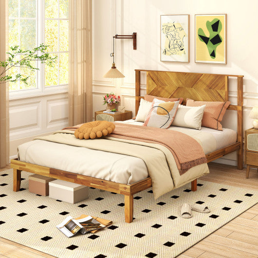Twin/Full/Queen Size Bed Frame Mid-Century Acacia Wood Platform Bed with Headboard-Full Size