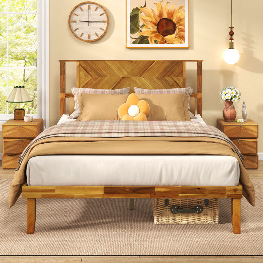 Twin/Full/Queen Size Bed Frame Mid-Century Acacia Wood Platform Bed with Headboard-Full Size