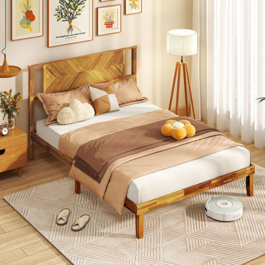 Twin/Full/Queen Size Bed Frame Mid-Century Acacia Wood Platform Bed with Headboard-Full Size