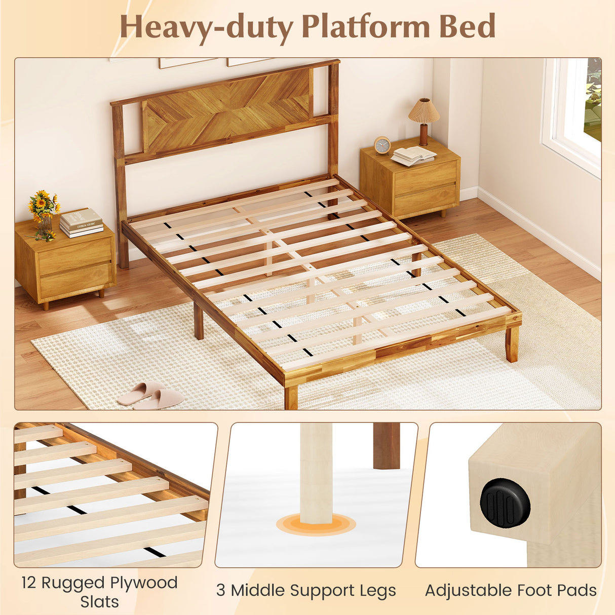 Twin/Full/Queen Size Bed Frame Mid-Century Acacia Wood Platform Bed with Headboard-Full Size