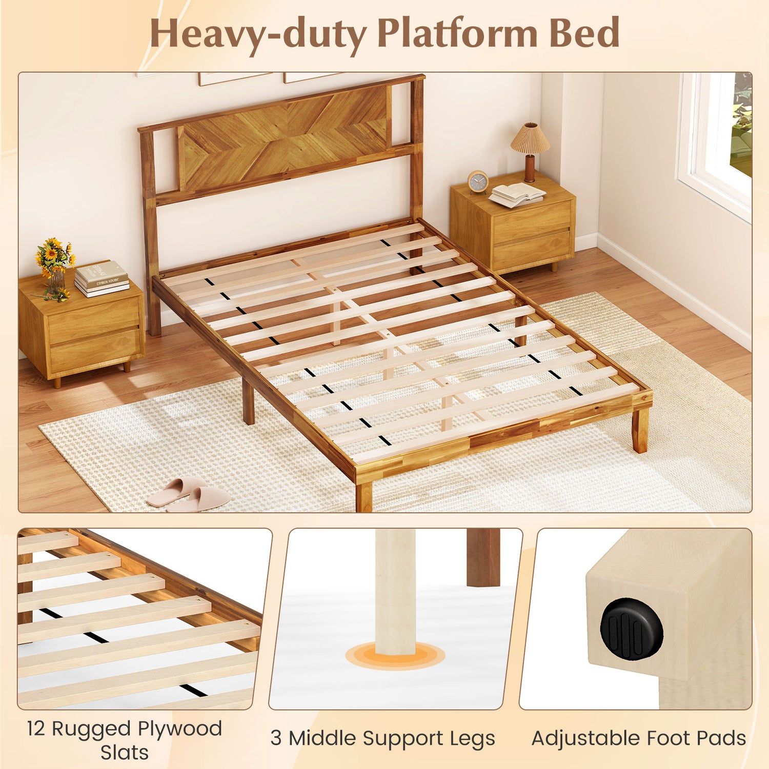Twin/Full/Queen Size Bed Frame Mid-Century Acacia Wood Platform Bed with Headboard-Full Size