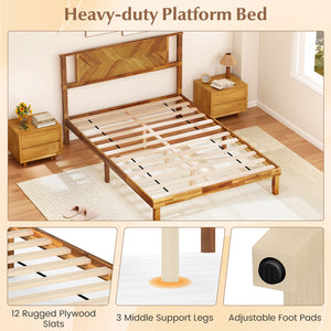 Twin/Full/Queen Size Bed Frame Mid-Century Acacia Wood Platform Bed with Headboard-Full Size