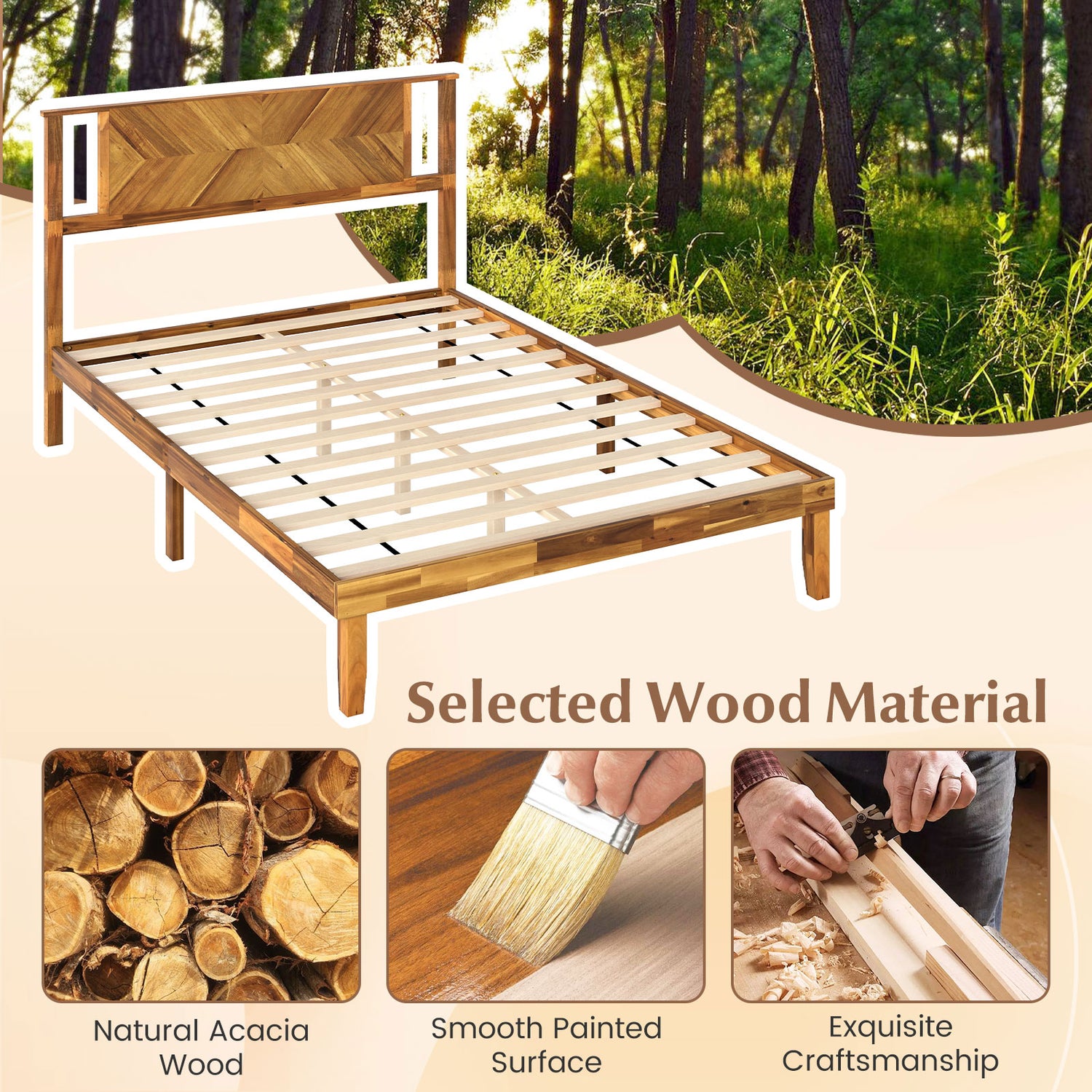 Twin/Full/Queen Size Bed Frame Mid-Century Acacia Wood Platform Bed with Headboard-Full Size