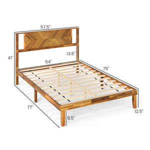 Twin/Full/Queen Size Bed Frame Mid-Century Acacia Wood Platform Bed with Headboard-Full Size