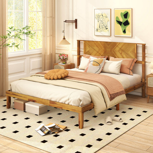 Twin/Full/Queen Size Bed Frame Mid-Century Acacia Wood Platform Bed with Headboard-Queen Size