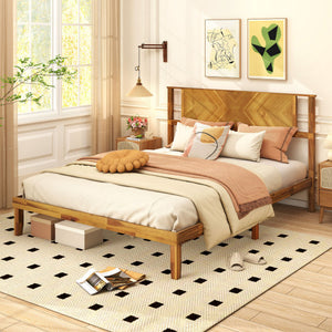 Twin/Full/Queen Size Bed Frame Mid-Century Acacia Wood Platform Bed with Headboard-Queen Size