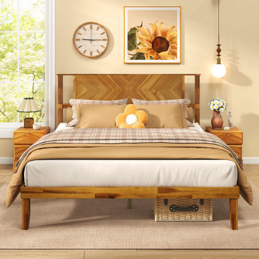Twin/Full/Queen Size Bed Frame Mid-Century Acacia Wood Platform Bed with Headboard-Queen Size