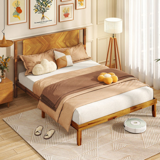Twin/Full/Queen Size Bed Frame Mid-Century Acacia Wood Platform Bed with Headboard-Queen Size