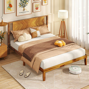 Twin/Full/Queen Size Bed Frame Mid-Century Acacia Wood Platform Bed with Headboard-Queen Size
