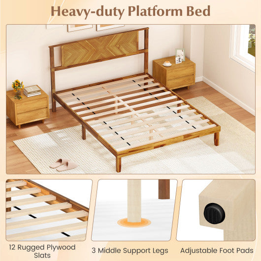 Twin/Full/Queen Size Bed Frame Mid-Century Acacia Wood Platform Bed with Headboard-Full Size