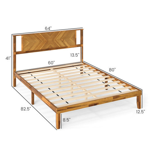 Twin/Full/Queen Size Bed Frame Mid-Century Acacia Wood Platform Bed with Headboard-Queen Size