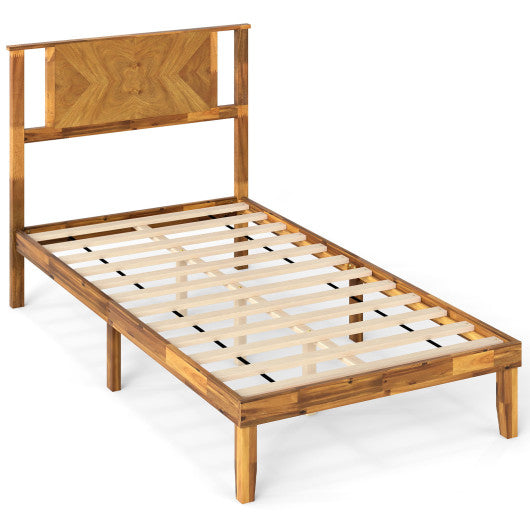 Twin/Full/Queen Size Bed Frame Mid-Century Acacia Wood Platform Bed with Headboard-Twin Size