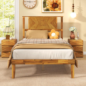 Twin/Full/Queen Size Bed Frame Mid-Century Acacia Wood Platform Bed with Headboard-Twin Size