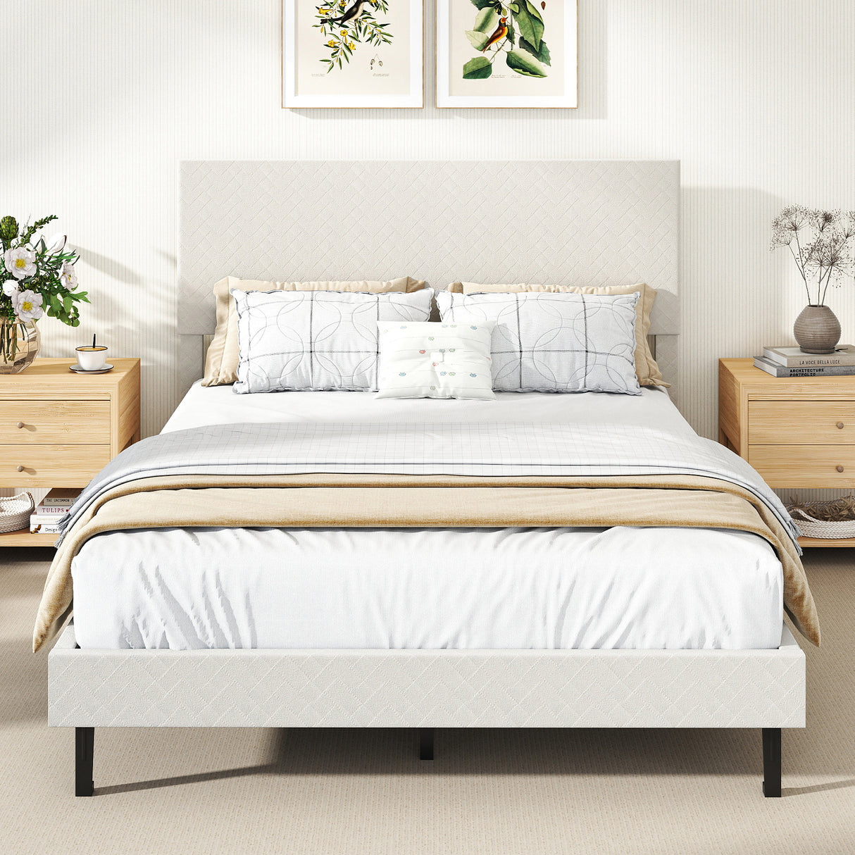 Twin/Full/Queen Size Velvet Bed Frame Upholstered Platform Bed with Chevron Headboard Beige-Full