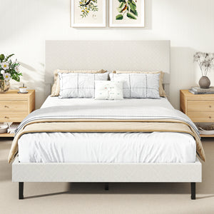 Twin/Full/Queen Size Velvet Bed Frame Upholstered Platform Bed with Chevron Headboard Beige-Full