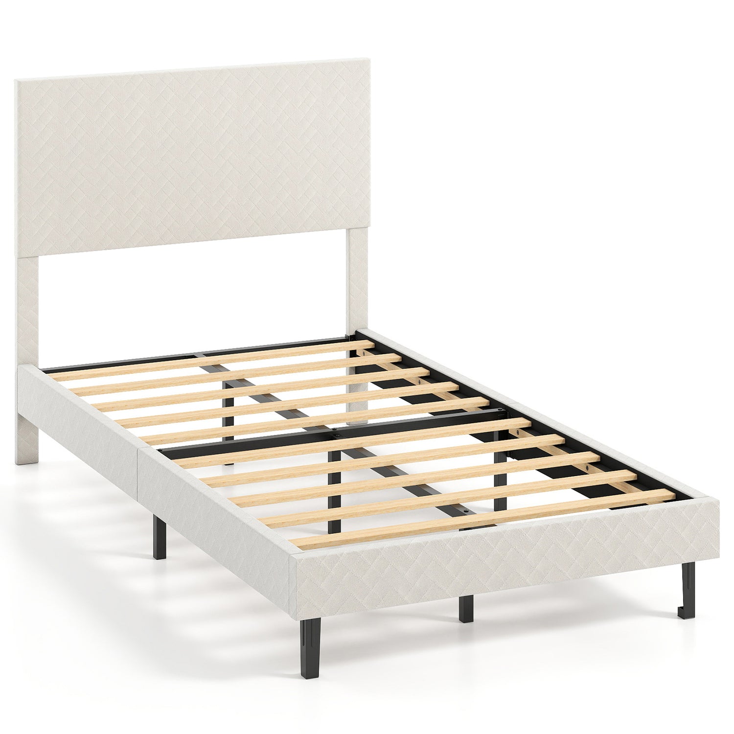 Twin/Full/Queen Size Velvet Bed Frame Upholstered Platform Bed with Chevron Headboard Beige-Twin
