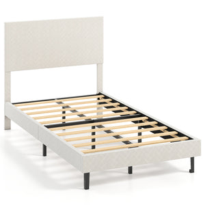 Twin/Full/Queen Size Velvet Bed Frame Upholstered Platform Bed with Chevron Headboard Beige-Twin