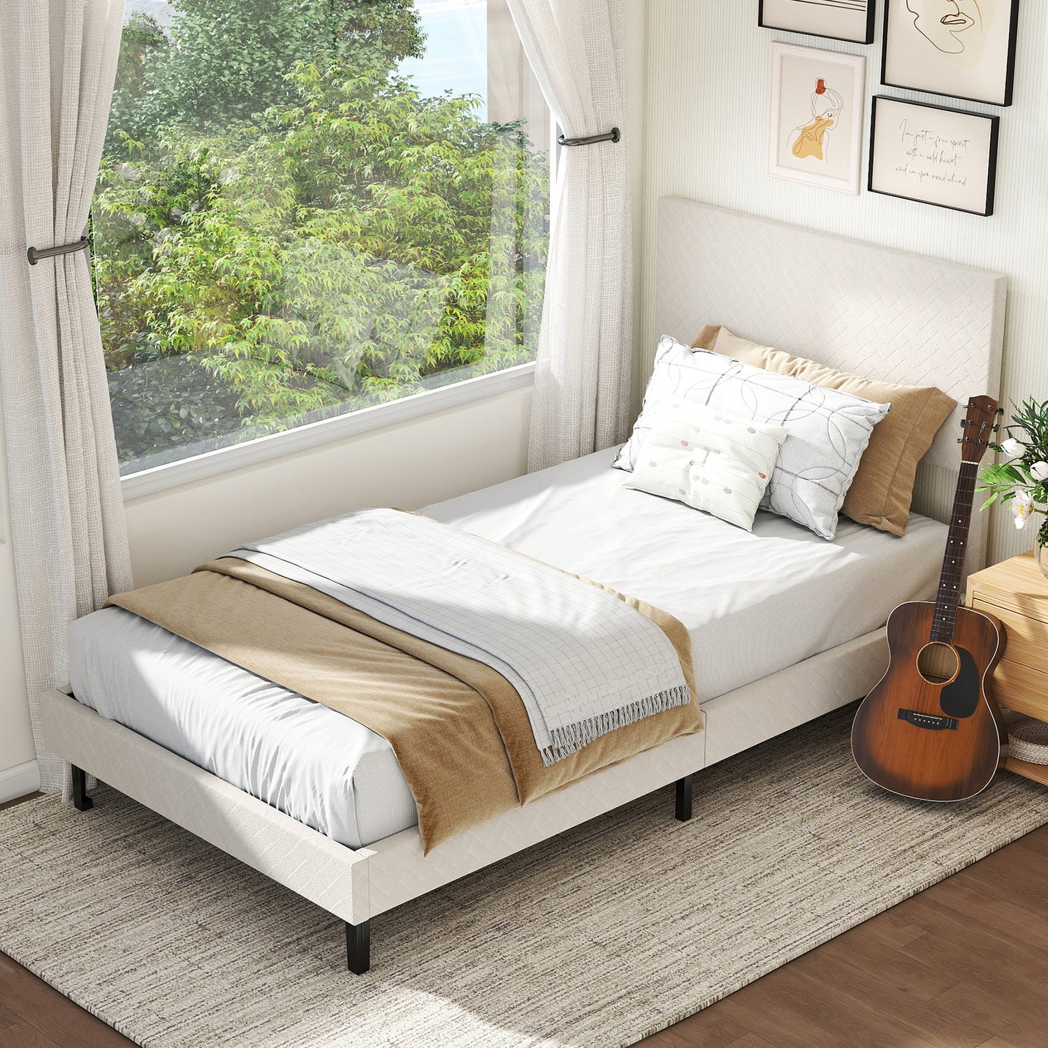 Twin/Full/Queen Size Velvet Bed Frame Upholstered Platform Bed with Chevron Headboard Beige-Twin