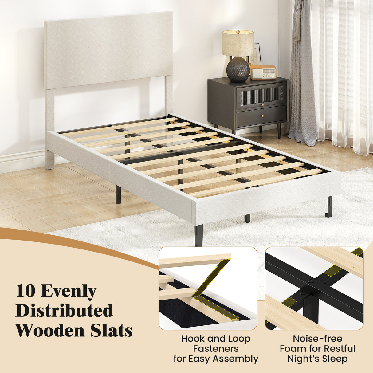 Twin/Full/Queen Size Velvet Bed Frame Upholstered Platform Bed with Chevron Headboard Beige-Twin