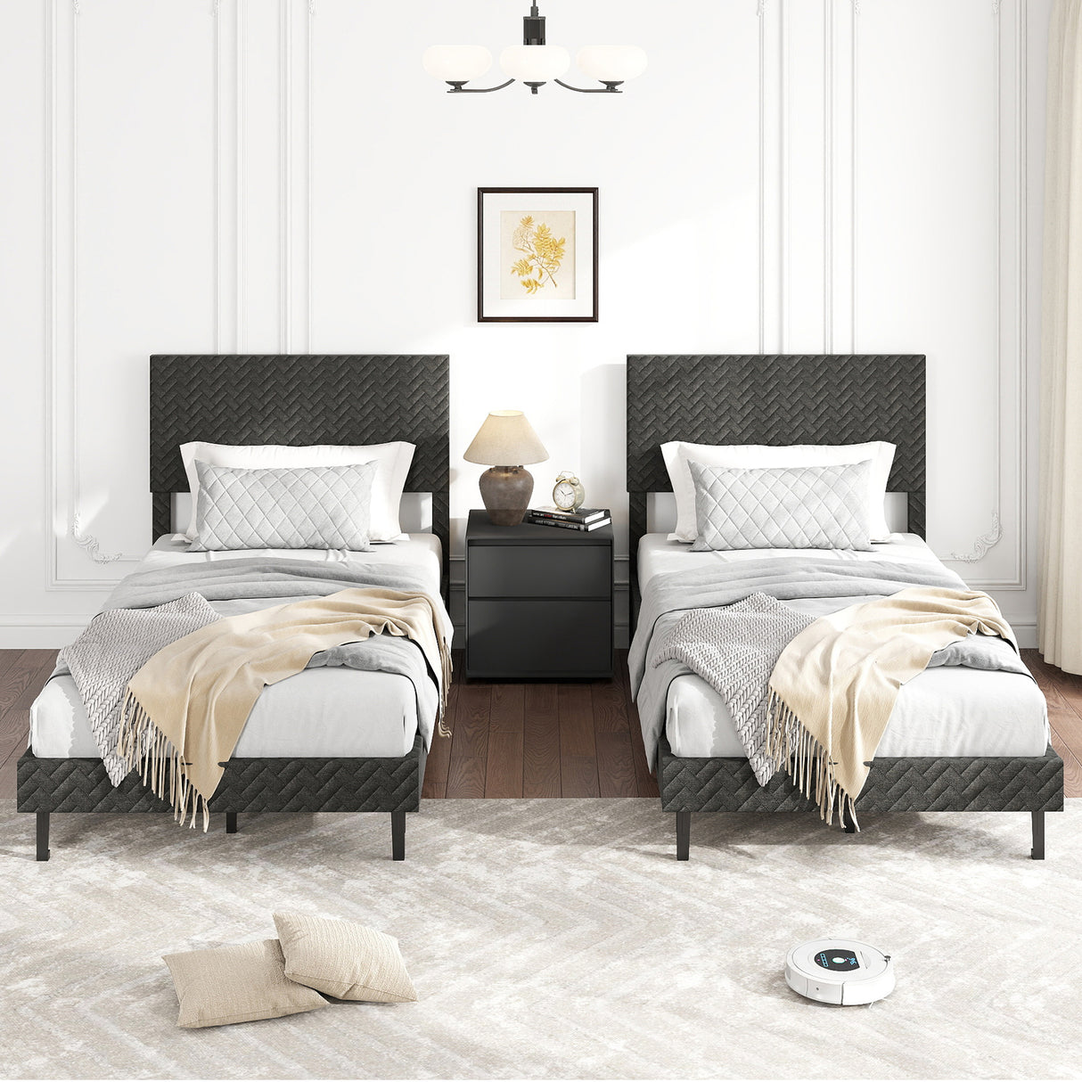 Twin/Full/Queen Size Velvet Bed Frame Upholstered Platform Bed with Chevron Headboard Gray-Twin