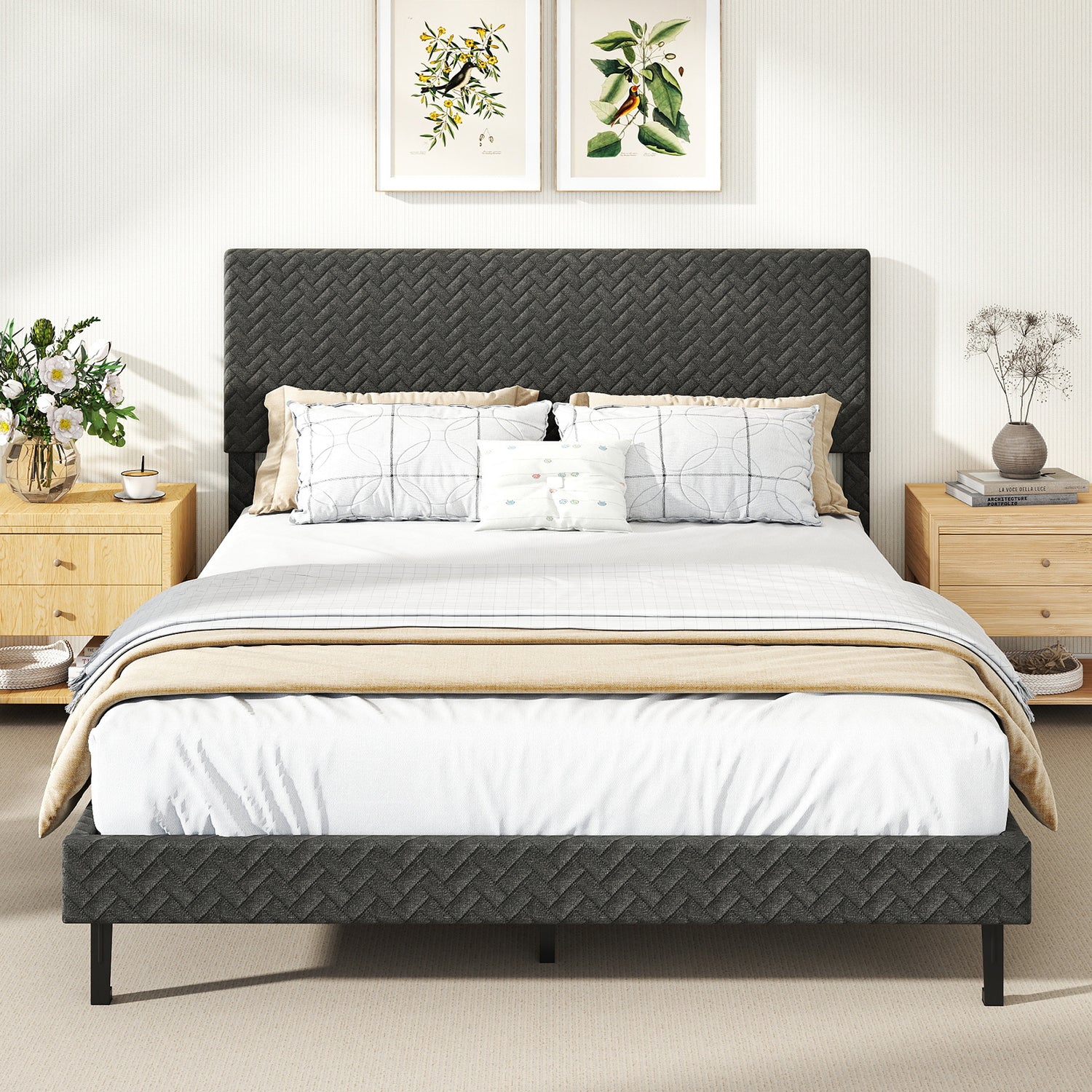 Twin/Full/Queen Size Velvet Bed Frame Upholstered Platform Bed with Chevron Headboard Gray-Queen