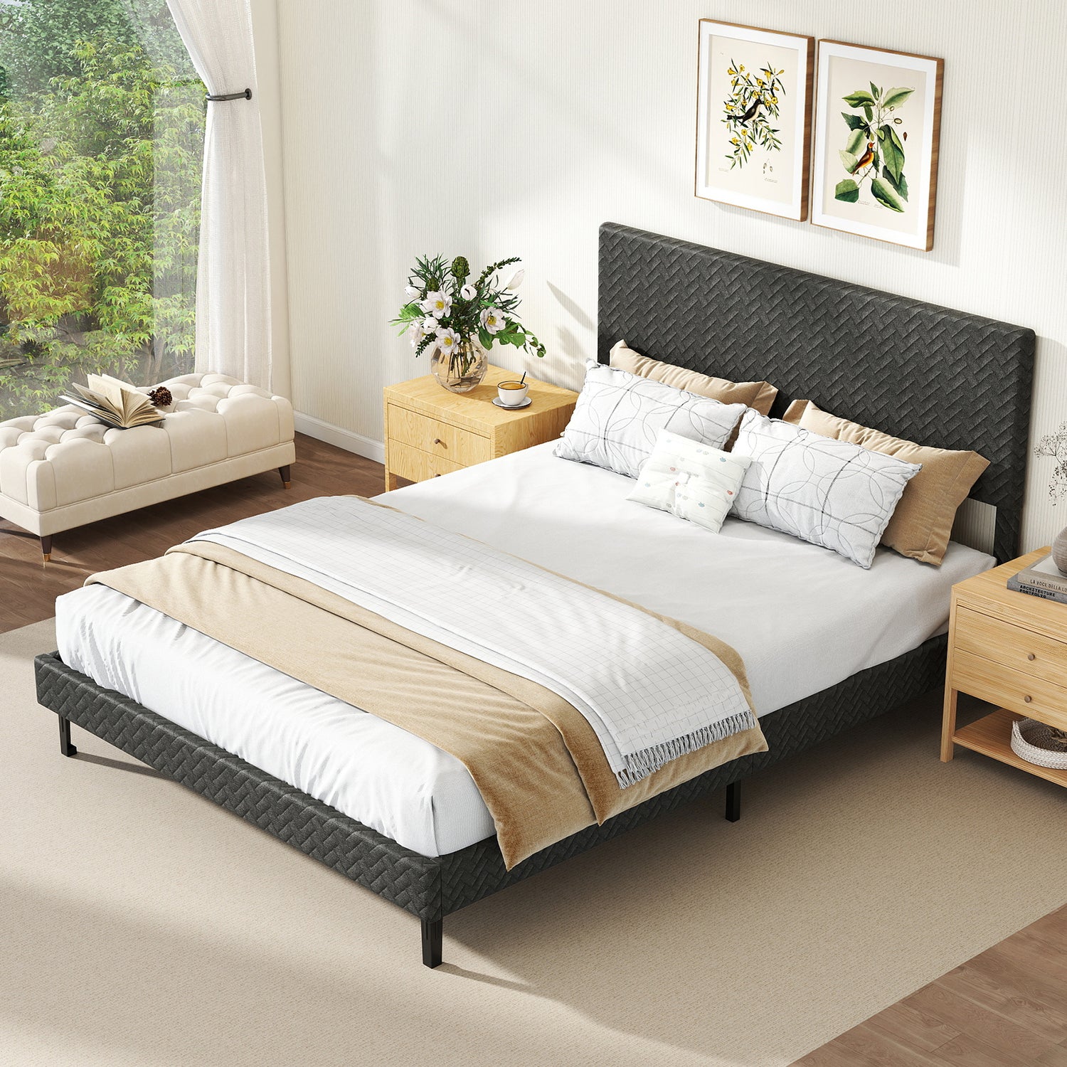Twin/Full/Queen Size Velvet Bed Frame Upholstered Platform Bed with Chevron Headboard Gray-Queen