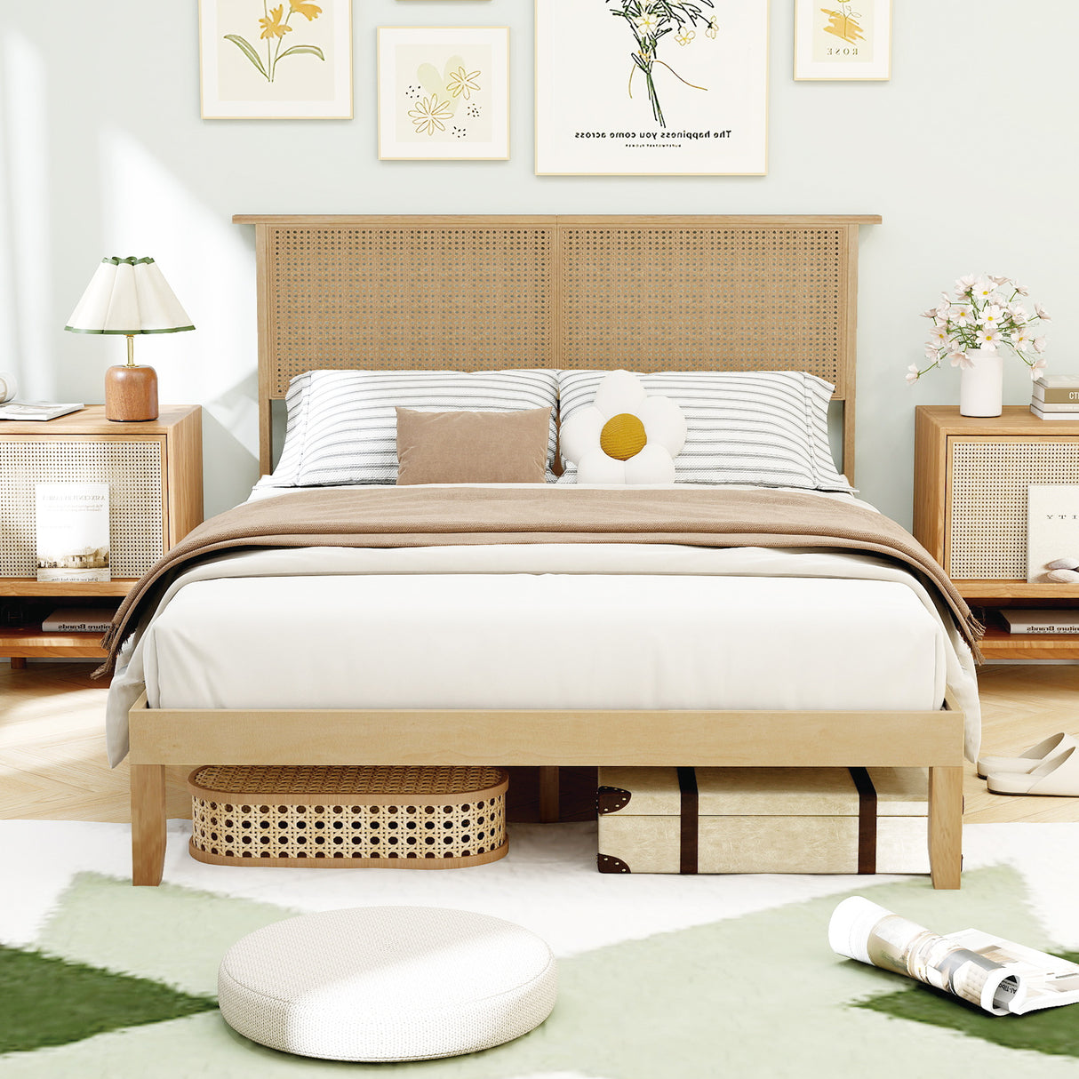 Twin/Full/Queen Size Bed Frame with Rattan Headboard-Full Size