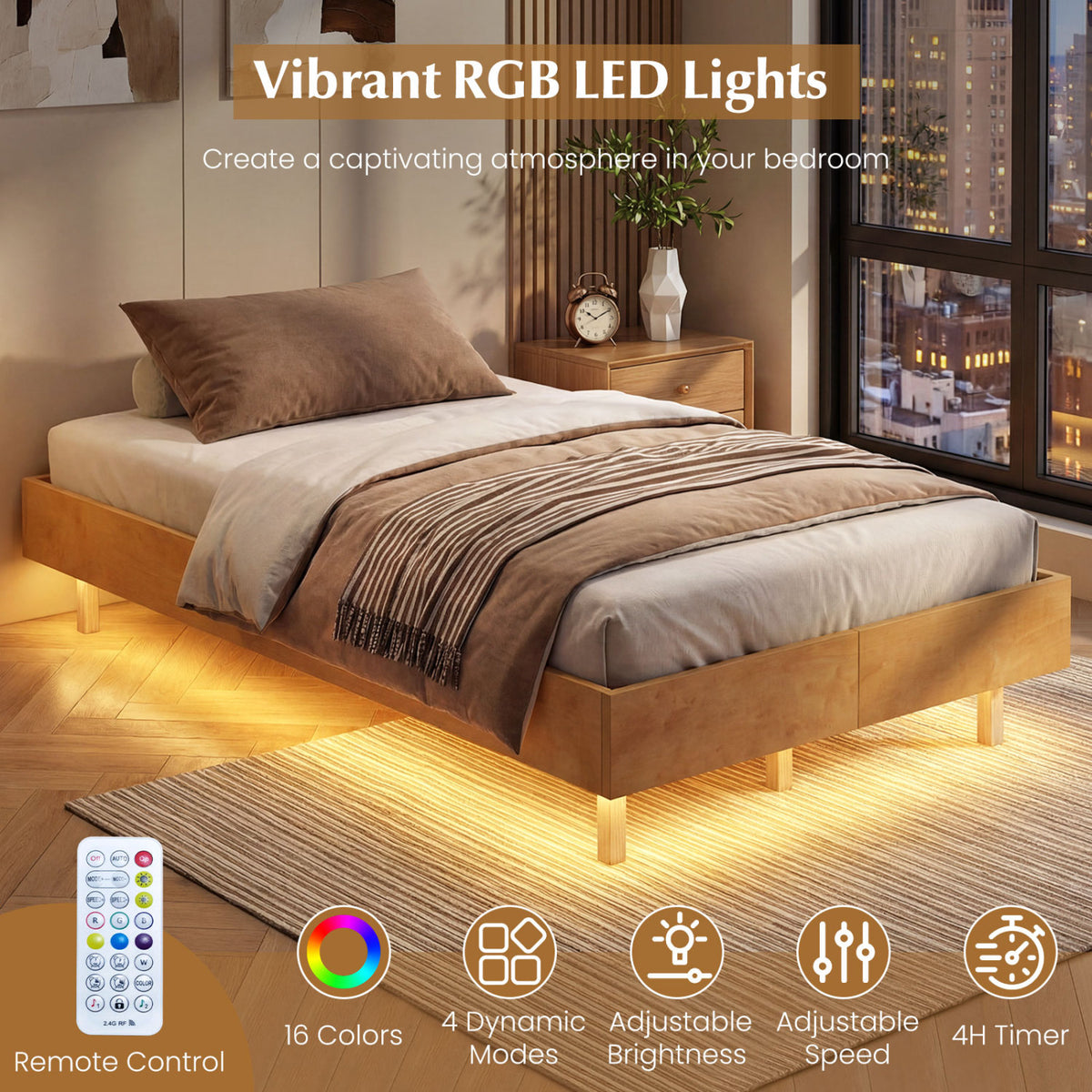 Twin/Full/Queen Size Floating Bed Frame with LED Lights for Bedroom-Twin