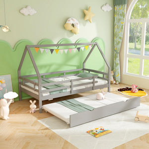 Twin House Bed with Trundle and Fence Rail-Gray
