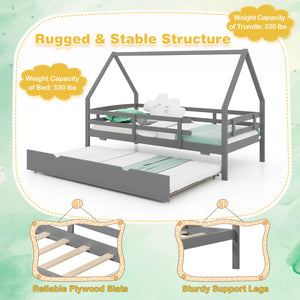 Twin House Bed with Trundle and Fence Rail-Gray