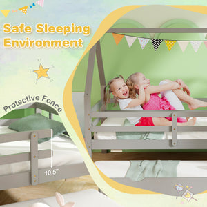 Twin House Bed with Trundle and Fence Rail-Gray