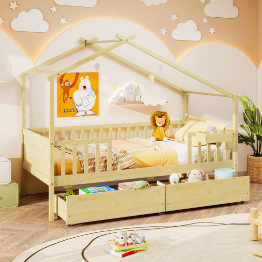 Twin House Bed with 2 Storage Drawers and Roof & Fence Rails-Natural