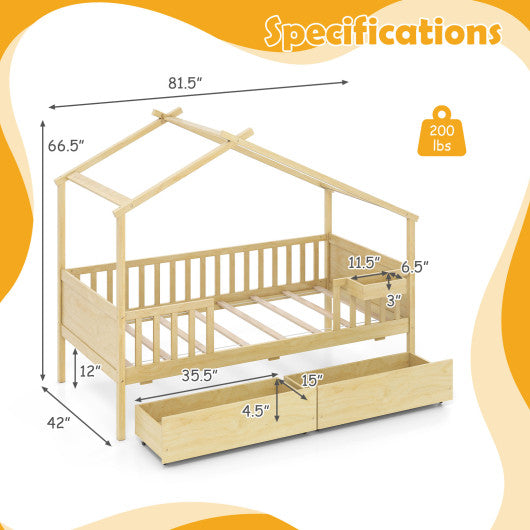 Twin House Bed with 2 Storage Drawers and Roof & Fence Rails-Natural