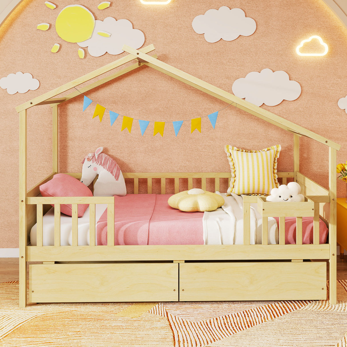 Twin House Bed with 2 Storage Drawers and Roof & Fence Rails-Natural