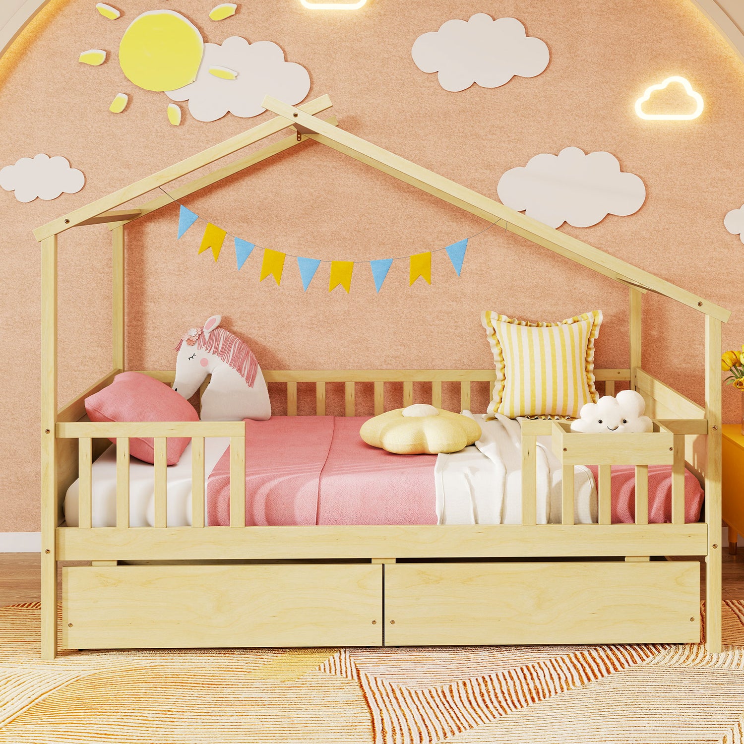 Twin House Bed with 2 Storage Drawers and Roof & Fence Rails-Natural