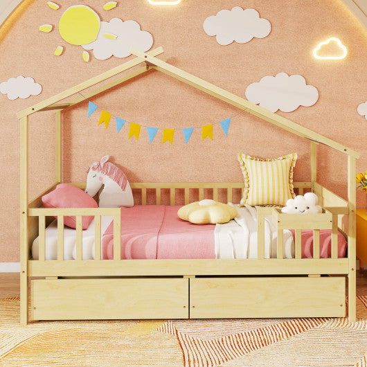 Twin House Bed with 2 Storage Drawers and Roof & Fence Rails-Natural