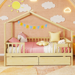 Twin House Bed with 2 Storage Drawers and Roof & Fence Rails-Natural