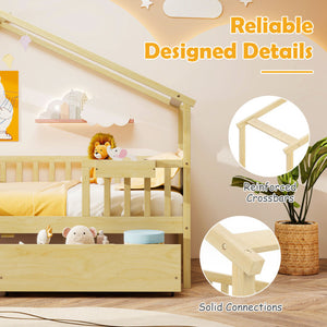 Twin House Bed with 2 Storage Drawers and Roof & Fence Rails-Natural