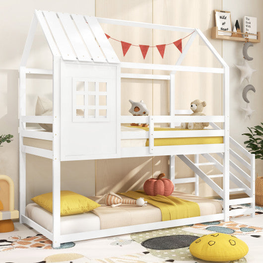 Twin House Bed with Stairs and Roof for Kids-White