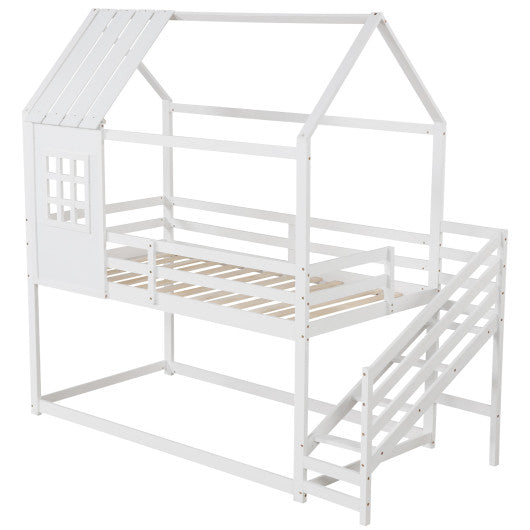 Twin House Bed with Stairs and Roof for Kids-White