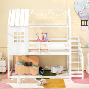 Twin House Bed with Stairs and Roof for Kids-White