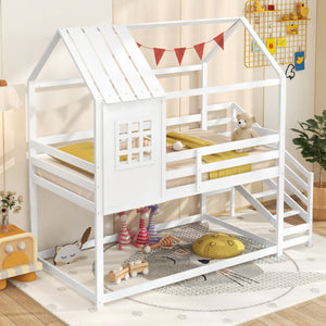 Twin House Bed with Stairs and Roof for Kids-White