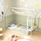 Twin House Floor Bed Montessori Bed Frame with Storage Shelf-White