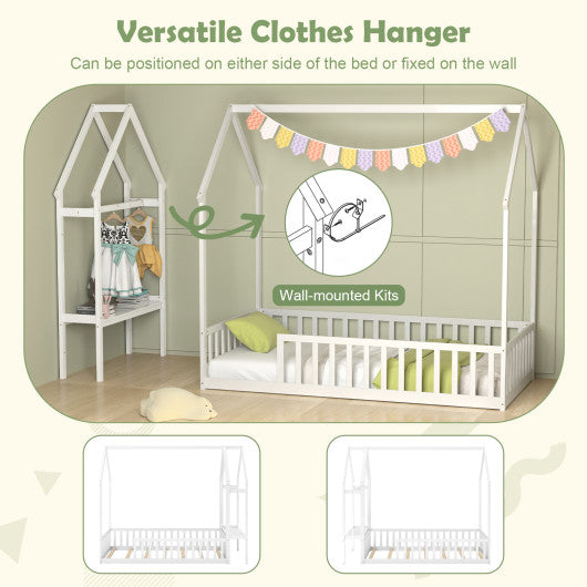 Twin House Floor Bed Montessori Bed Frame with Storage Shelf-White