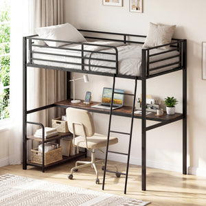 Twin Loft Bed with Desk and Shelves for Kids and Adults-Rustic Brown