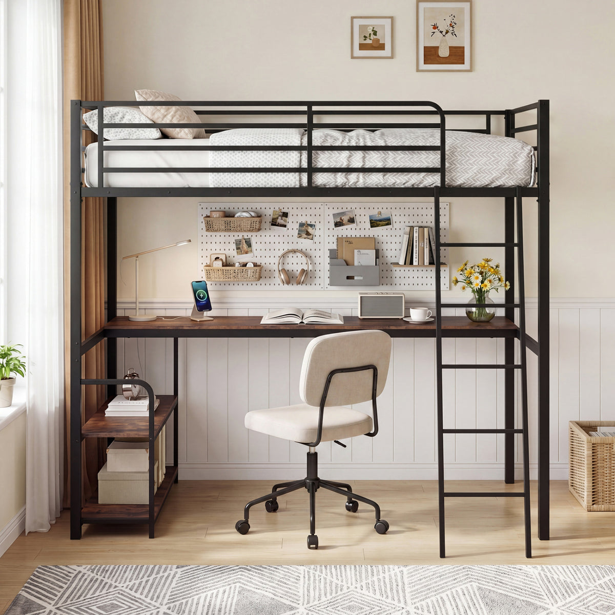 Twin Loft Bed with Desk and Shelves for Kids and Adults-Rustic Brown