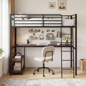 Twin Loft Bed with Desk and Shelves for Kids and Adults-Rustic Brown